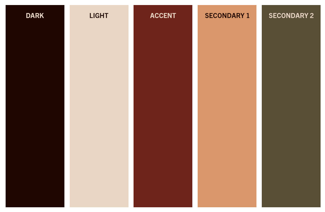 A color palette with the colors brown, beige, red, light orange and green