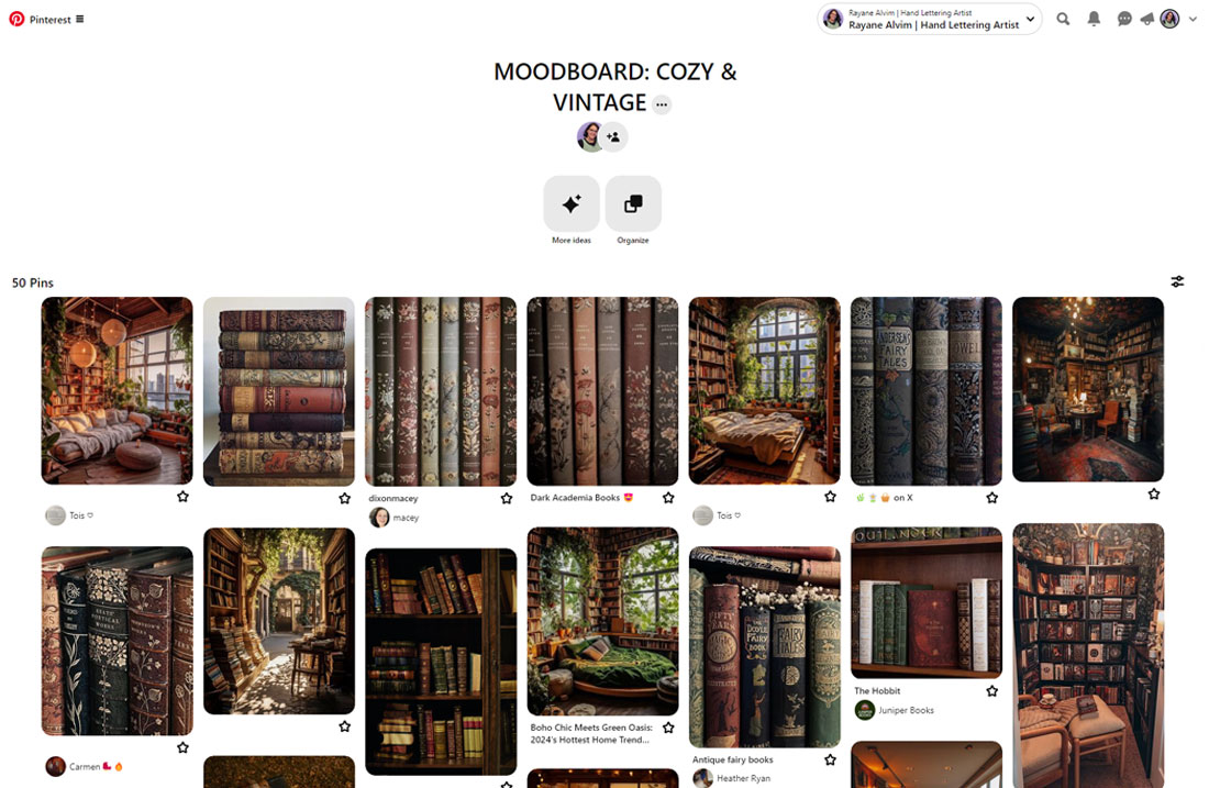 A screenshot of a Pinterest board with a mood board of cozy and vintage photos so we can gather inspiration for our color palette