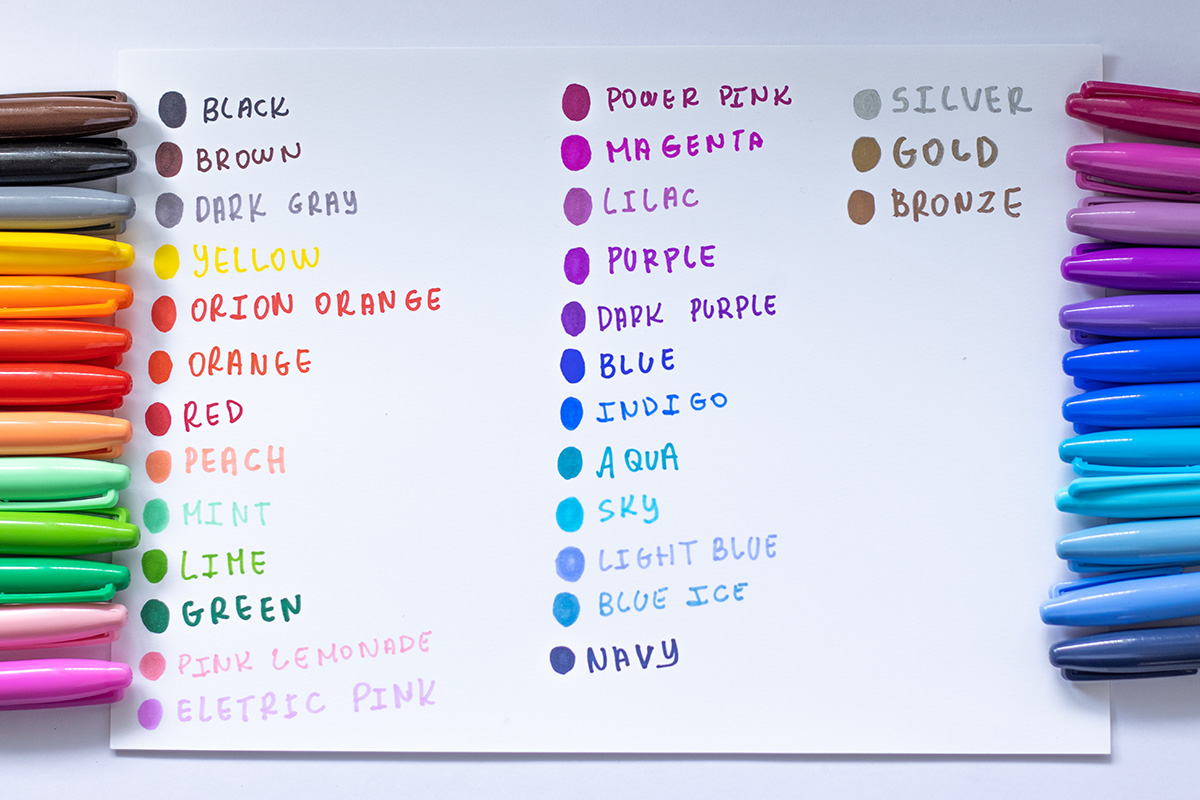 A paper with color swatches and their names from the Sharpie permanent markers.