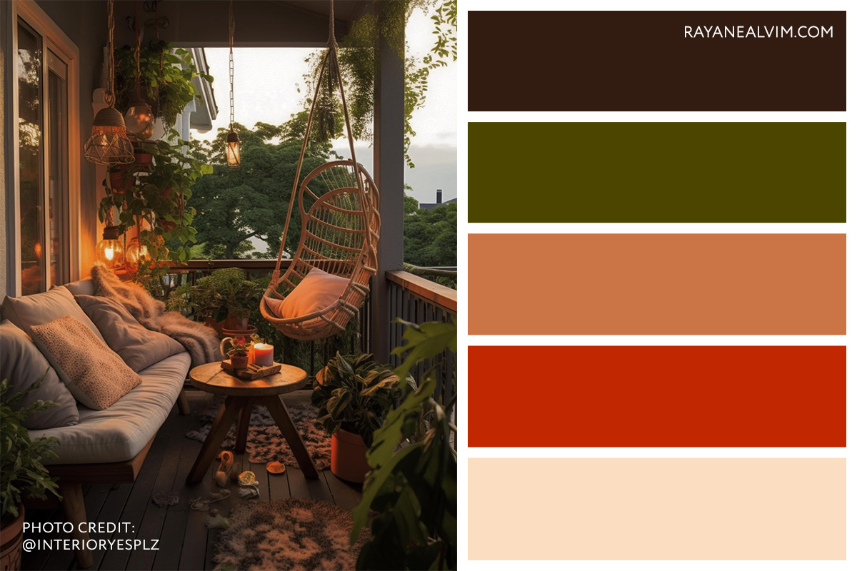 On the left side, a photo of a cozy balcony featuring a handing chair, a sofa with cushions, a table with a plant and a candle. There are plants inside and tress outside. The lighting is warm. On the right side, a color palette with 5 swatches ranging from shades of brown, dark green and terracotta.