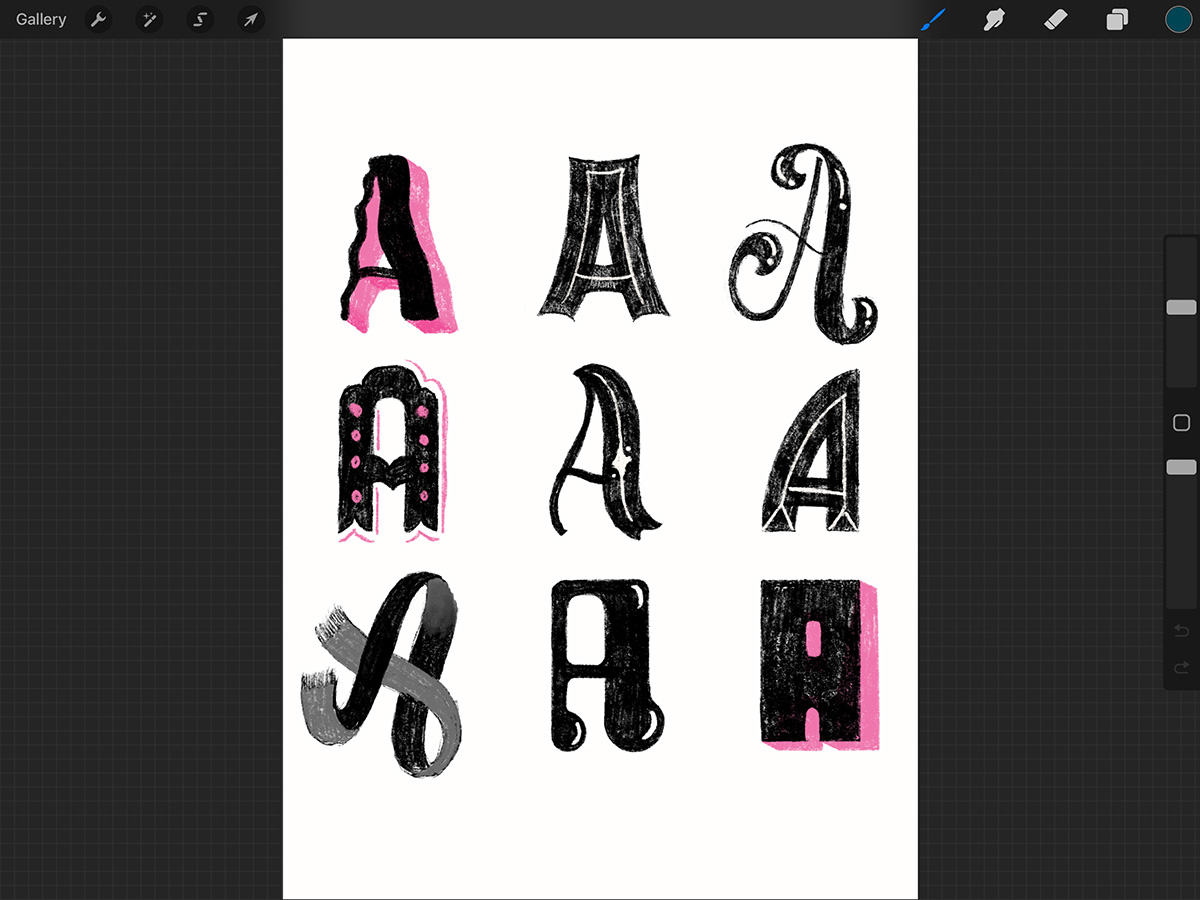 A screenshot of the Procreate app on the iPad. The screen has nine letters "A" in a different lettering style.