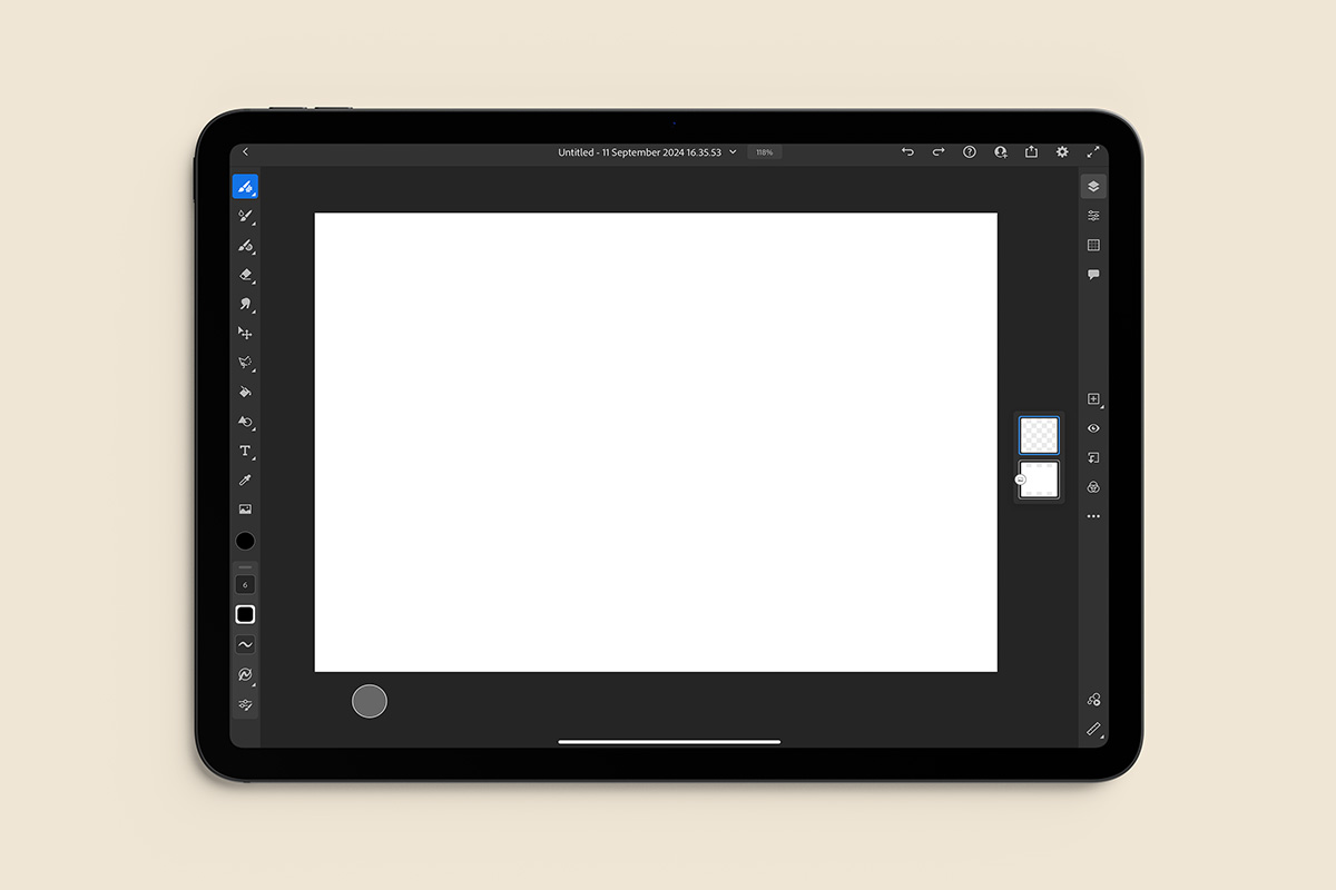 iPad screen showing Adobe Fresco's interface.