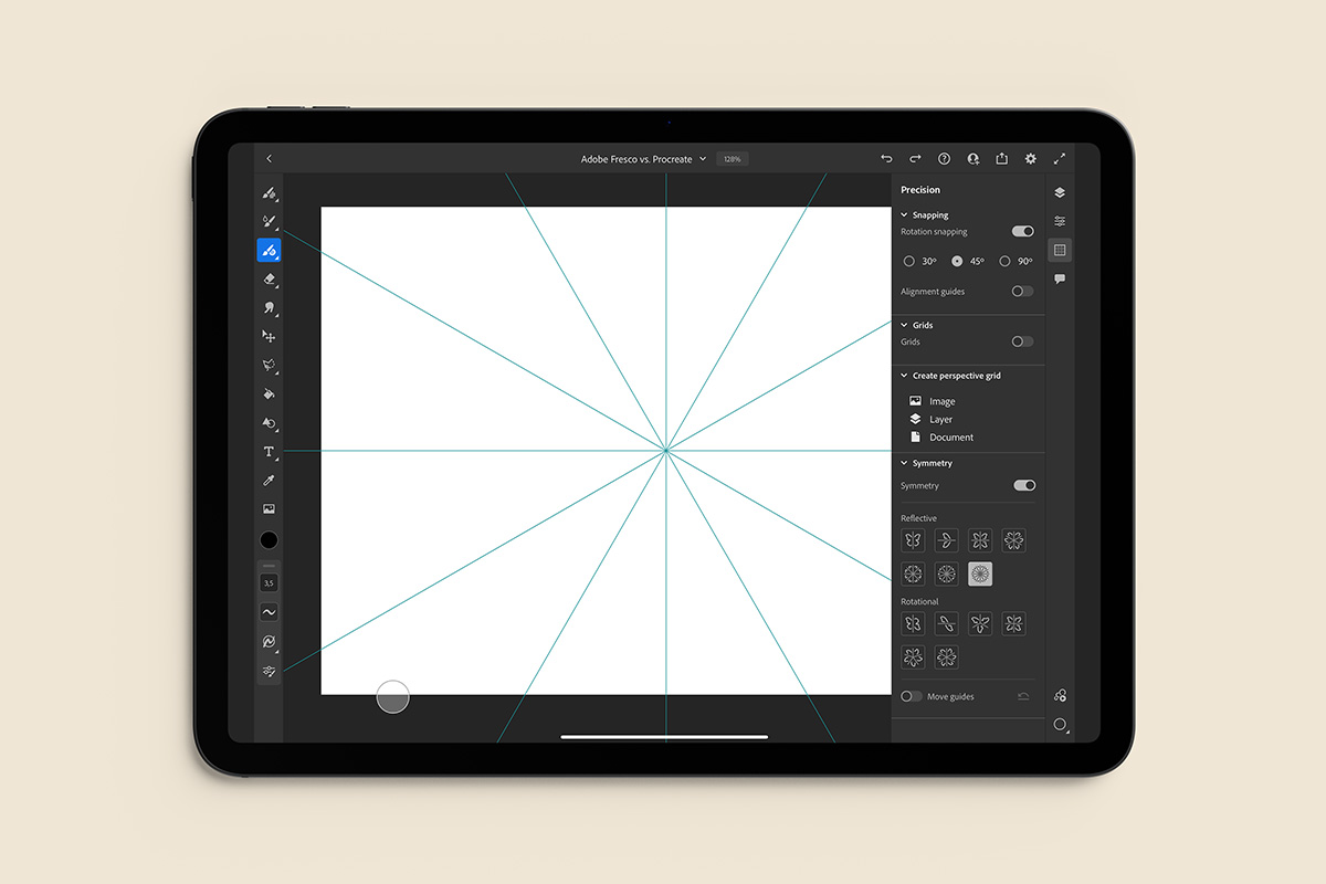 iPad screen showing Adobe Fresco's Symmetry Tool.