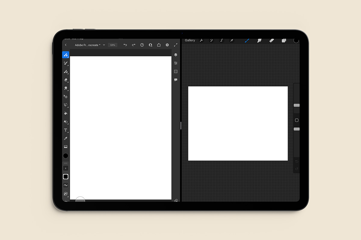 iPad screen with split screen: On the left is the Adobe Fresco app, on the right is the Procreate app.