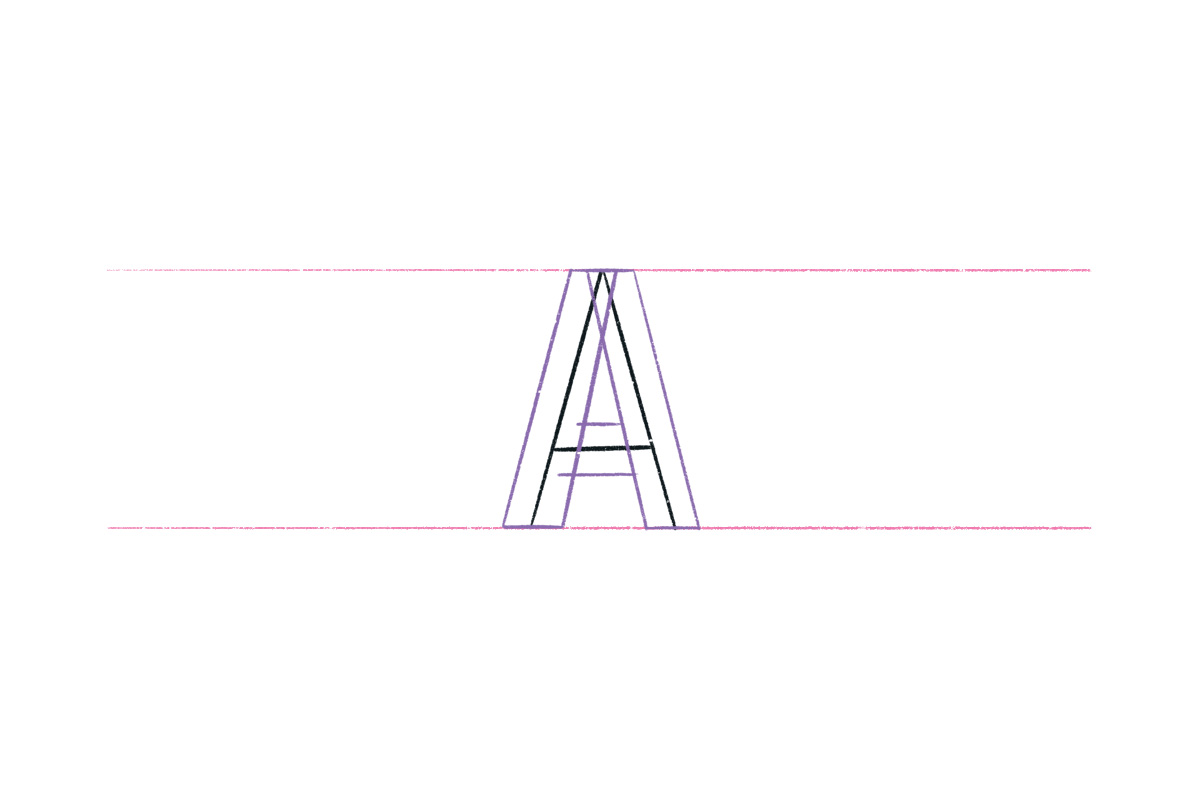 Letter A with the outlines in purple and the skeleton of the letter in black.