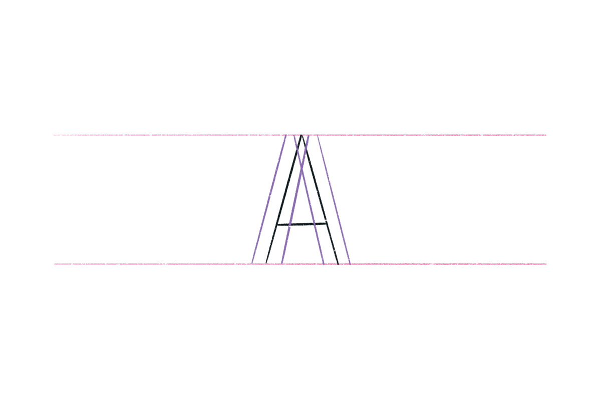 The skeleton of the letter A with two purple lines on both strokes (downstroke and upstroke).