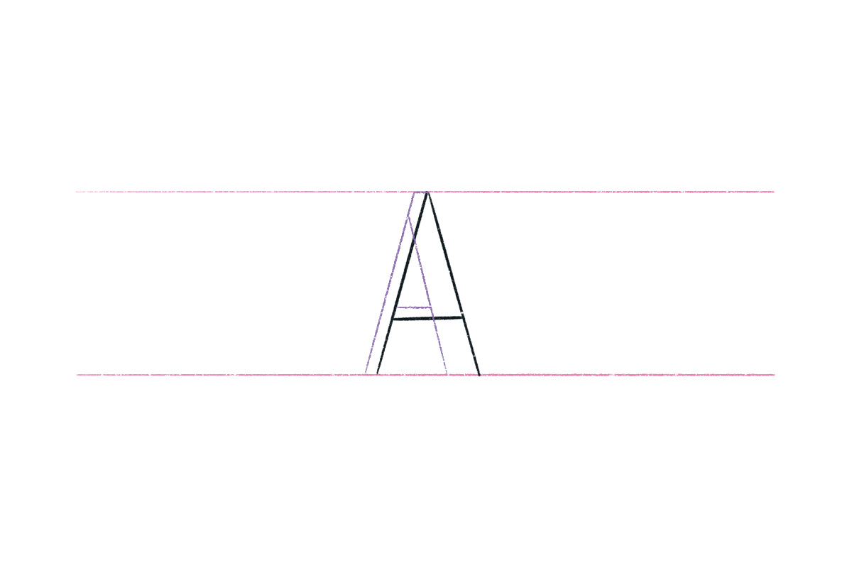 Letter A with a purple line on the outside of the upstroke, on the left, and a line on the inside of the downstroke, on the right. A purple horizontal line is on the crossbar.