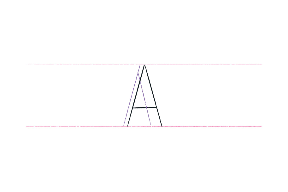 Letter A with a purple line on the outside of the upstroke, on the left, and a line on the inside of the downstroke, on the right.