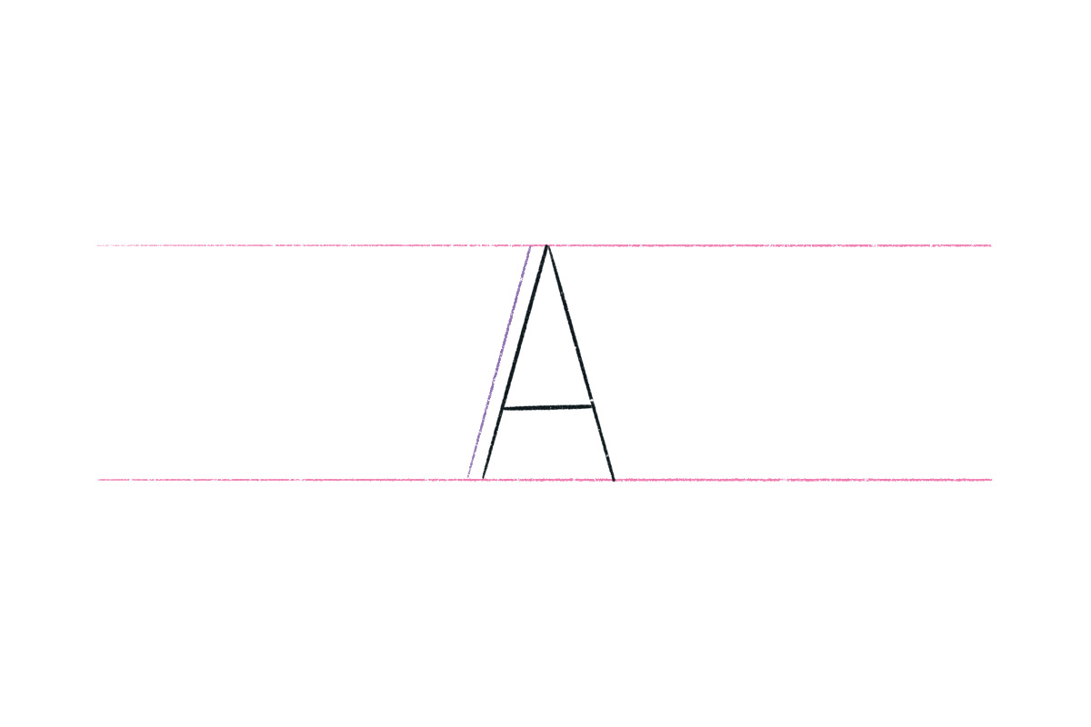 Letter A with a purple line on the outside of the upstroke, on the left.