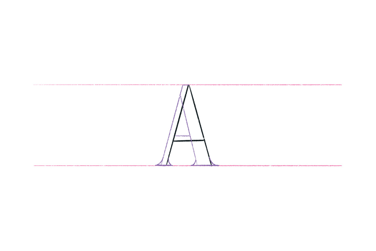 A serif letter A drawn with purple outlines.