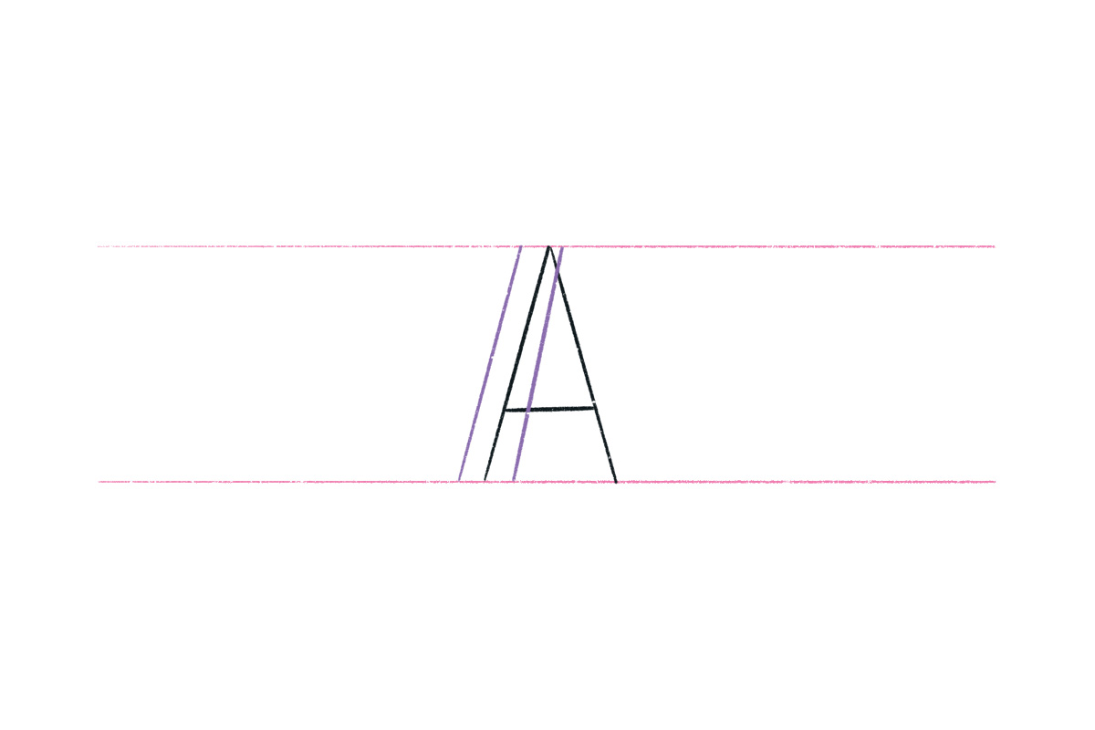 The skeleton of the letter A with two purple lines on the left stroke.