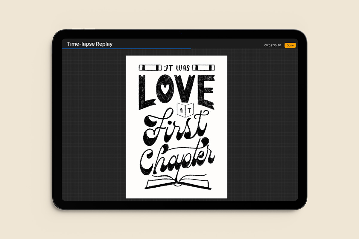 iPad screen showing Procreate’s timelapse replay screen.