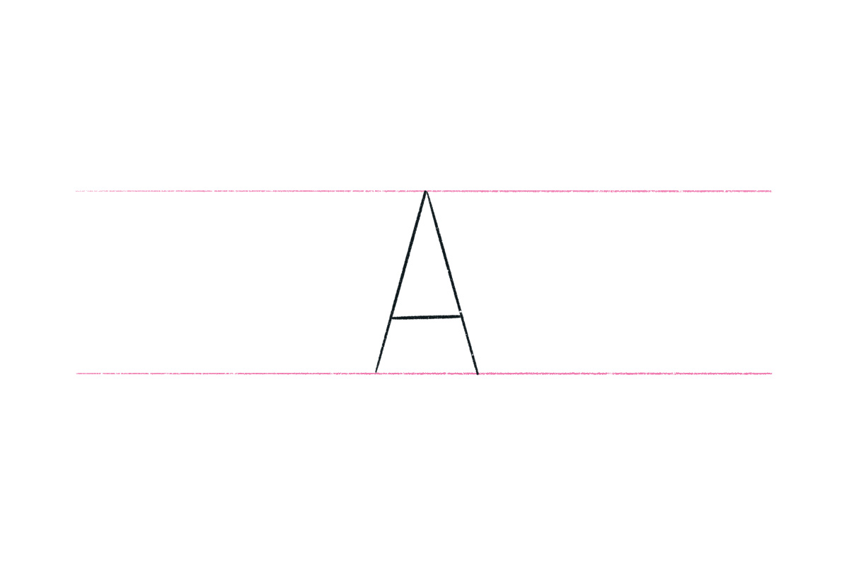 The skeleton of the block letter A drawn in black inside 2 pink guidelines.