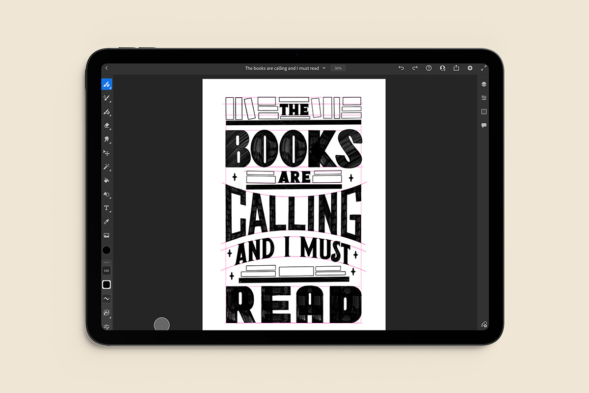 iPad screen with a lettering artwork inside the Adobe Fresco app.