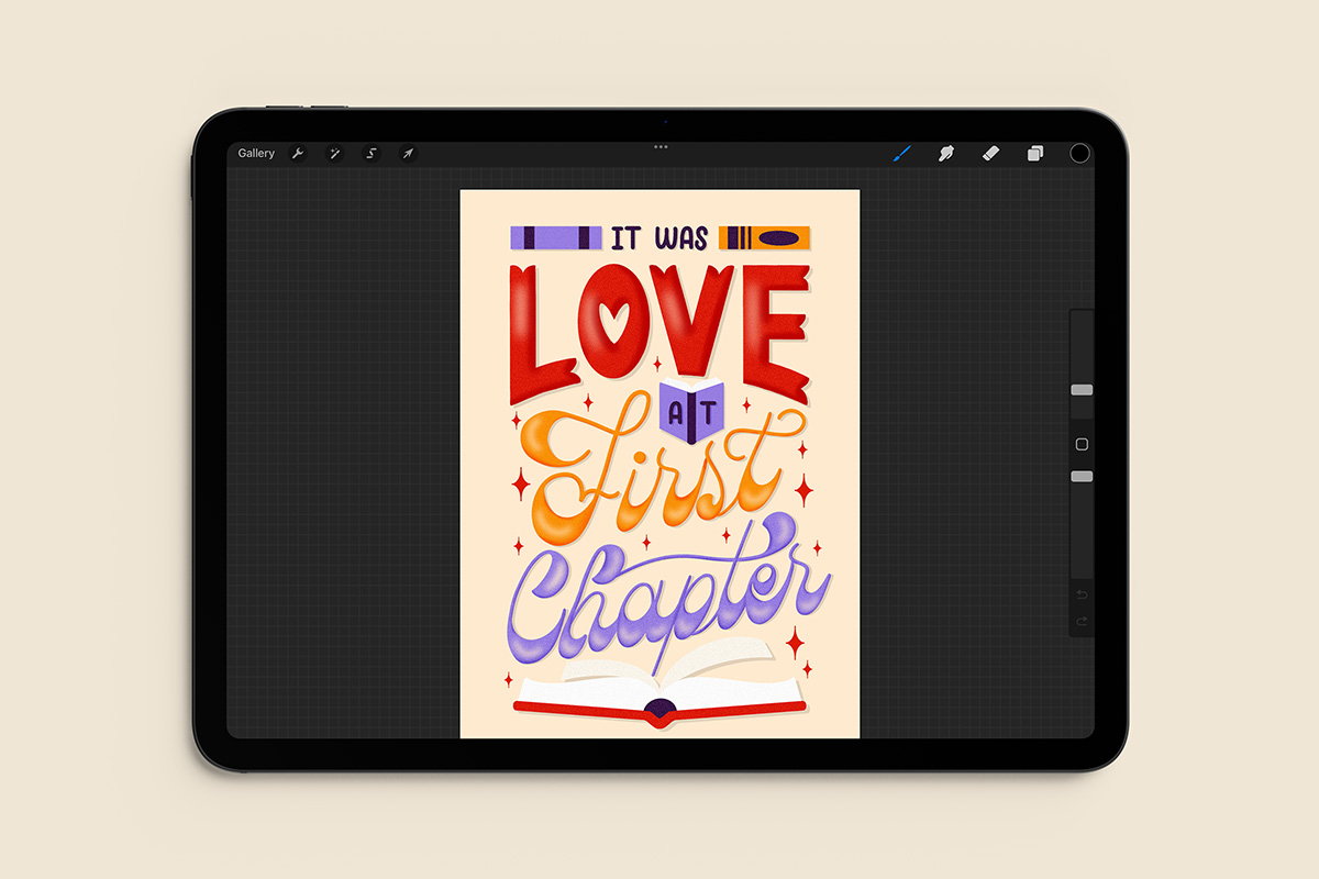 iPad screen with a lettering artwork inside the Procreate app.