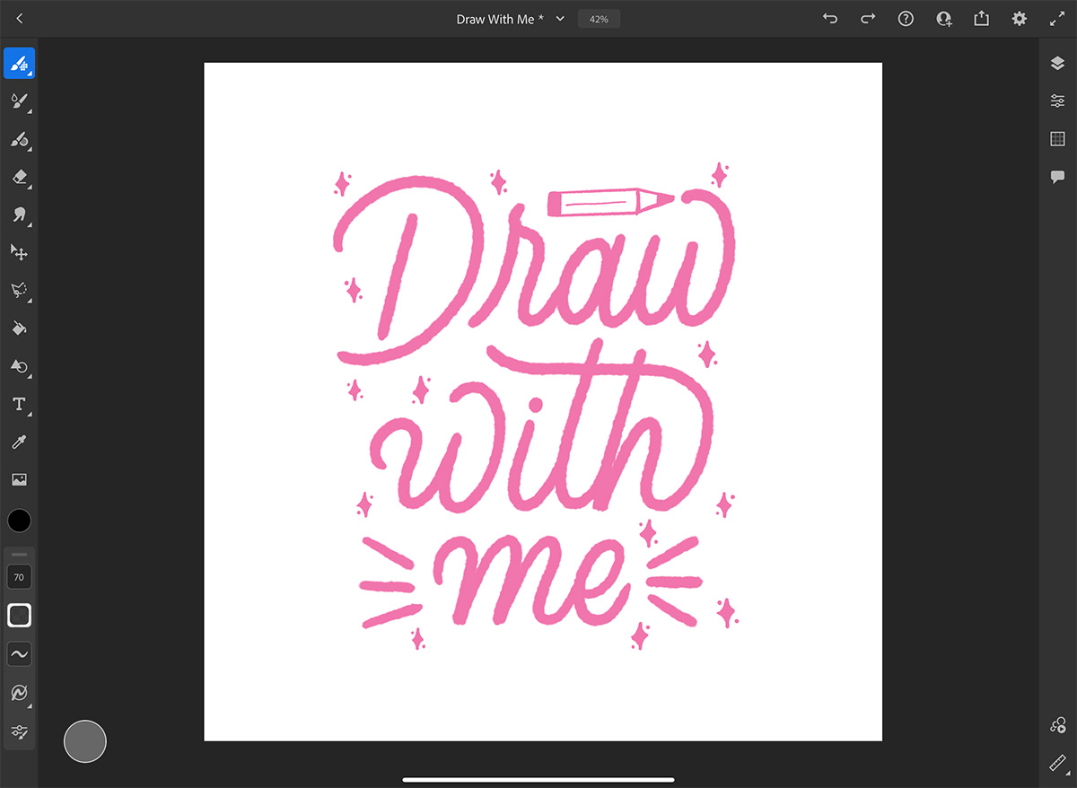 A screenshot of Adobe Fresco with the words "Draw with me" in a monoline script letter in pink.