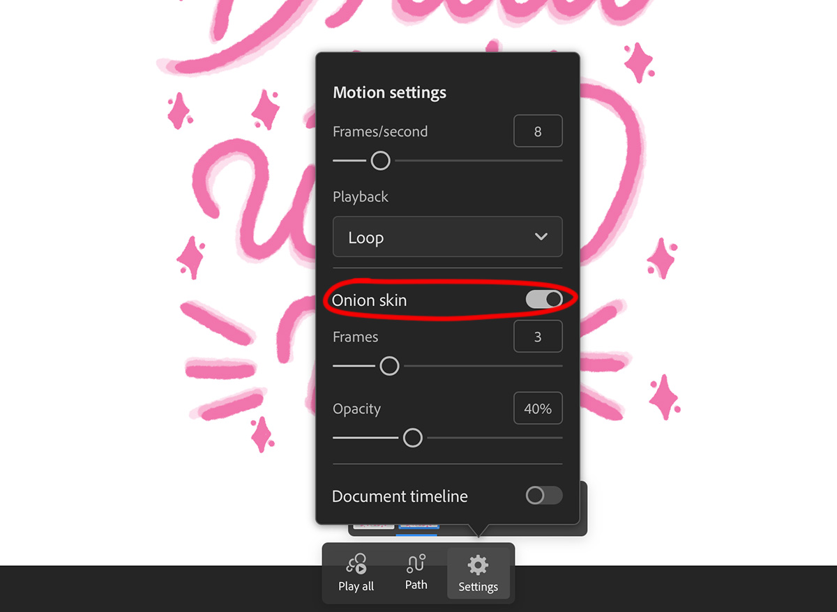 A screenshot of Adobe Fresco that shows the Motion Settings screen.