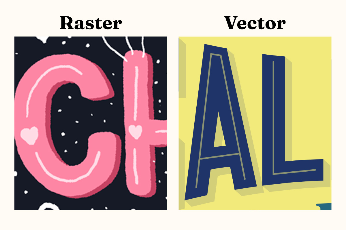 On the left, is a pixelated image. On the right, is a vector image without losing quality.