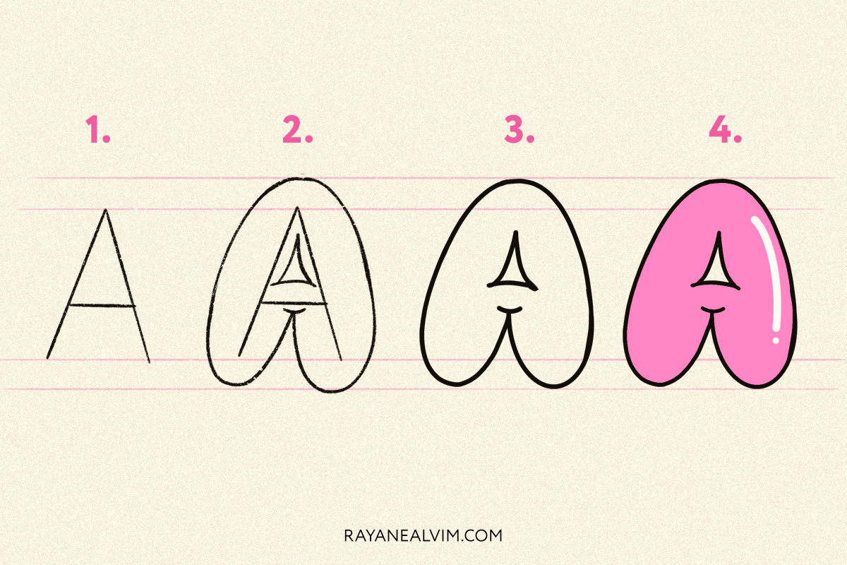 How to draw a bubble letter A with 4 steps: skeleton, round curves around it, the letter A outlined in black and the final bubble letter in pink with black outline.