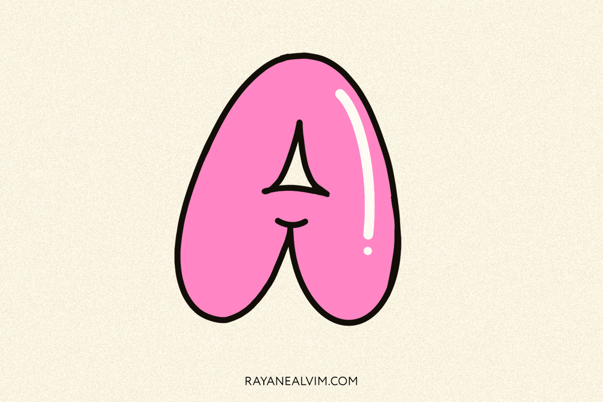 Letter A, drawn in a bubble style. The letter is pink with a black outline and a white highlight on the right side.