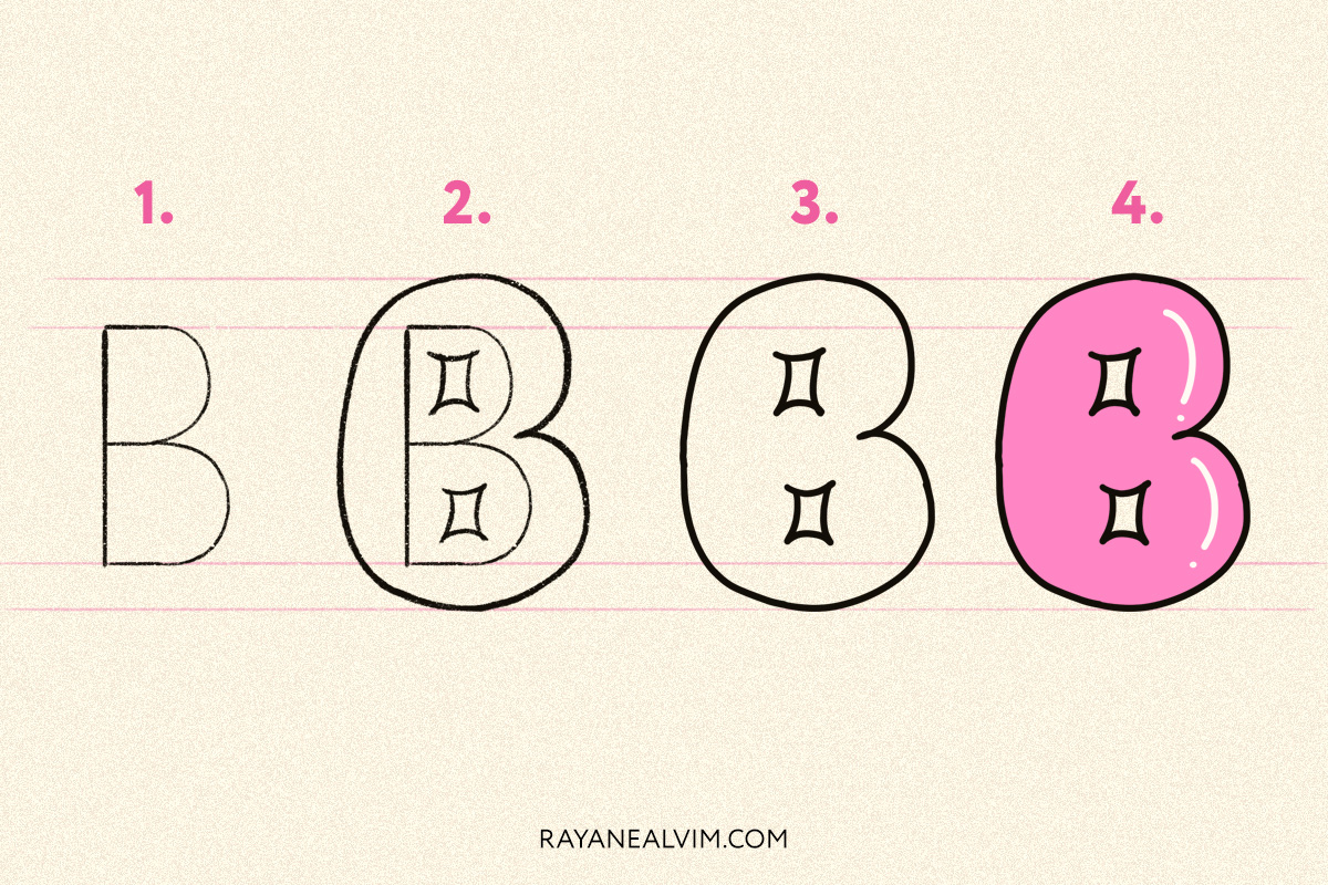 How to draw a bubble letter B with 4 steps: skeleton, round curves around it, the letter B outlined in black and the final bubble letter in pink with black outline.