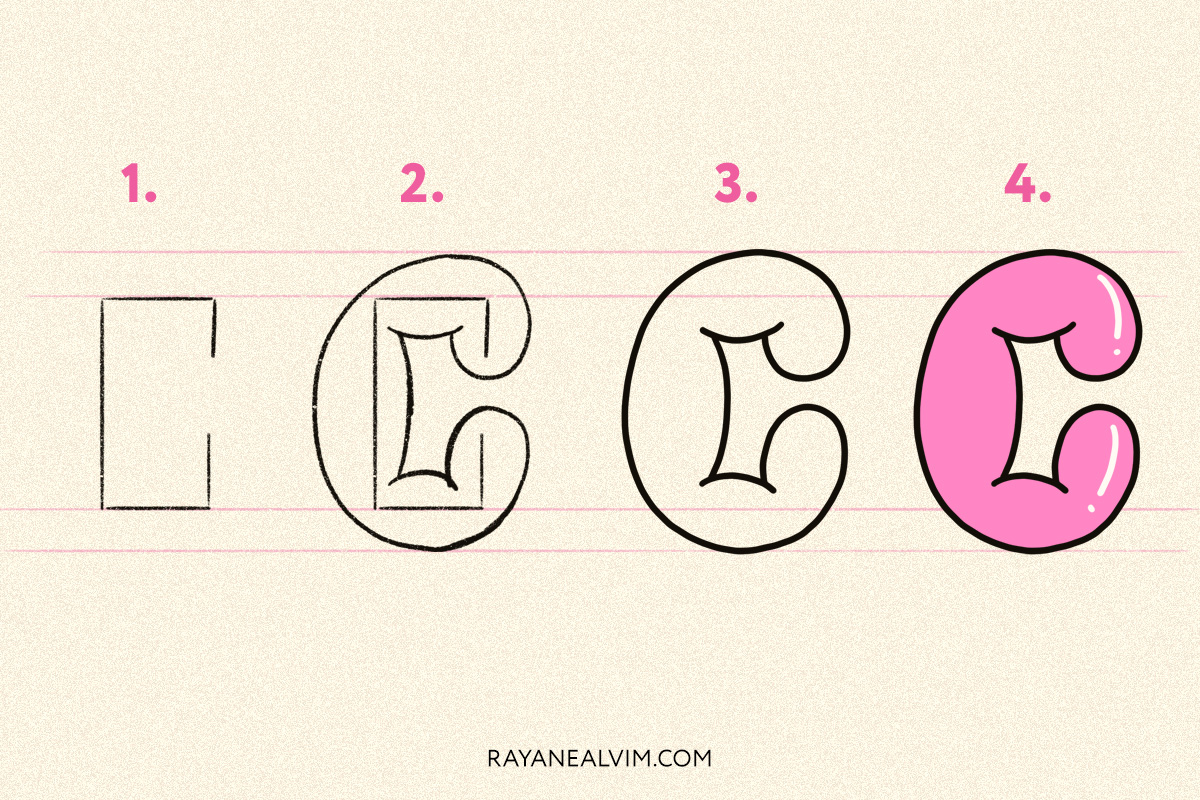 How to draw a bubble letter C with 4 steps: skeleton, round curves around it, the letter C outlined in black and the final bubble letter in pink with black outline.