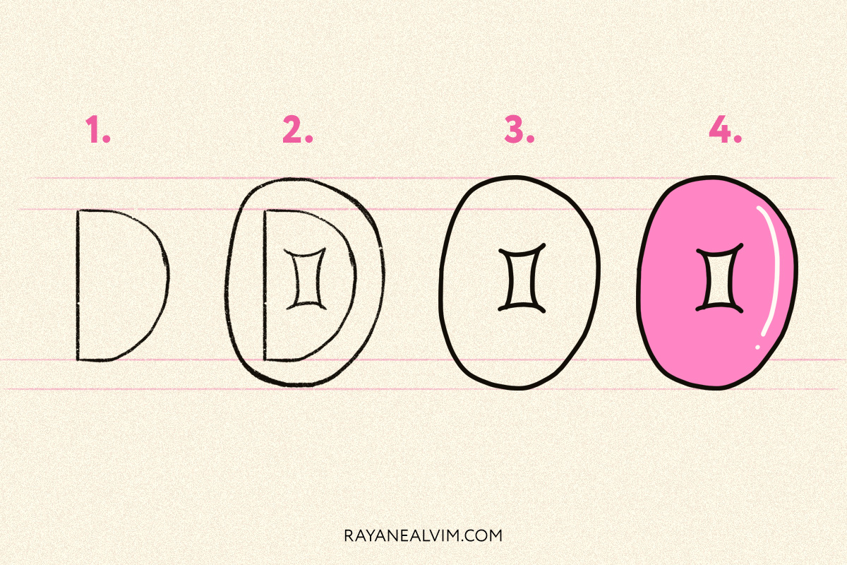 How to draw a bubble letter D with 4 steps: skeleton, round curves around it, the letter D outlined in black and the final bubble letter in pink with black outline.