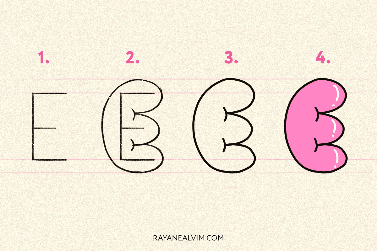 How to draw a bubble letter E with 4 steps: skeleton, round curves around it, the letter E outlined in black and the final bubble letter in pink with black outline.