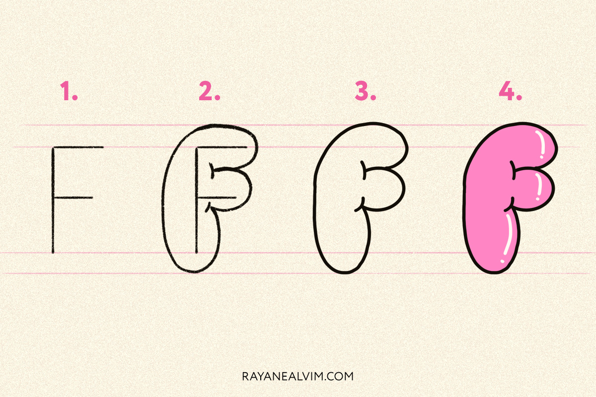 How to draw a bubble letter F with 4 steps: skeleton, round curves around it, the letter F outlined in black and the final bubble letter in pink with black outline.