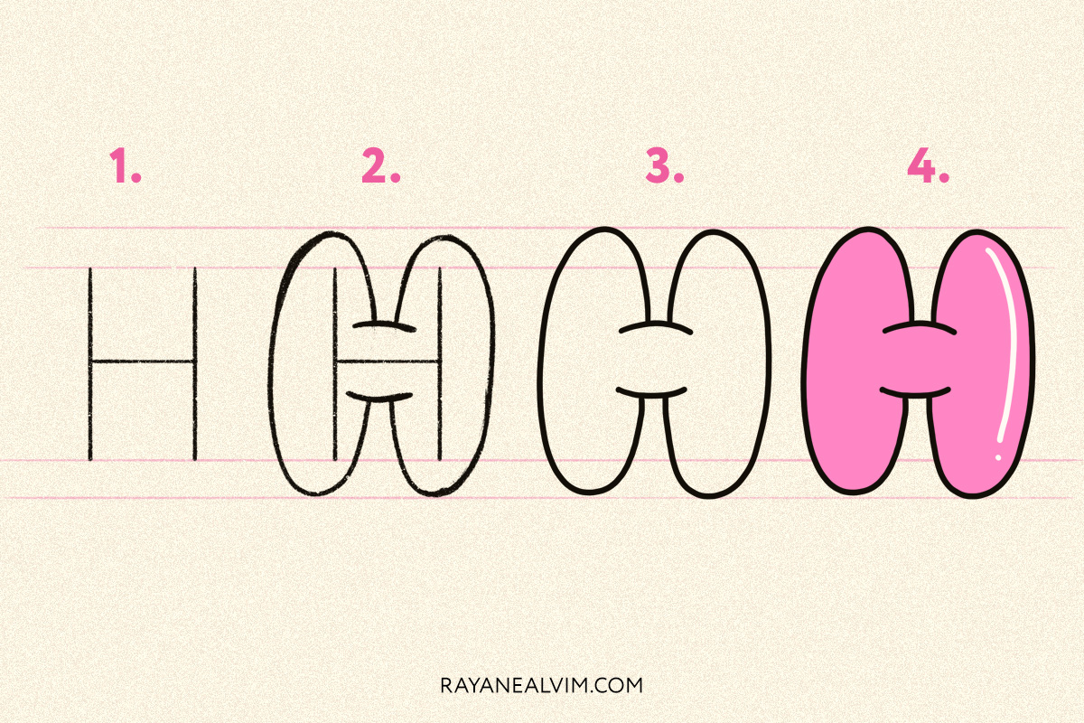 How to draw a bubble letter H with 4 steps: skeleton, round curves around it, the letter H outlined in black and the final bubble letter in pink with black outline.