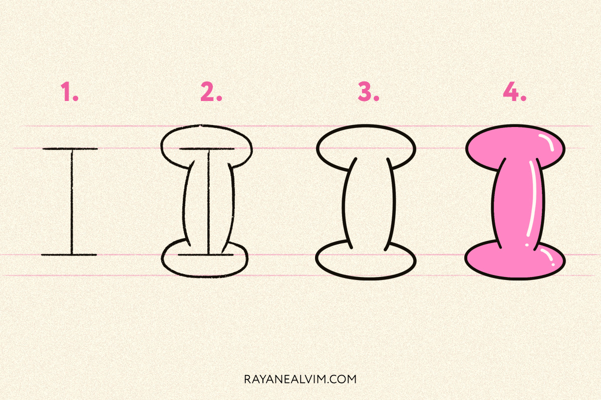 How to draw a bubble letter I with 4 steps: skeleton, round curves around it, the letter I outlined in black and the final bubble letter in pink with black outline.