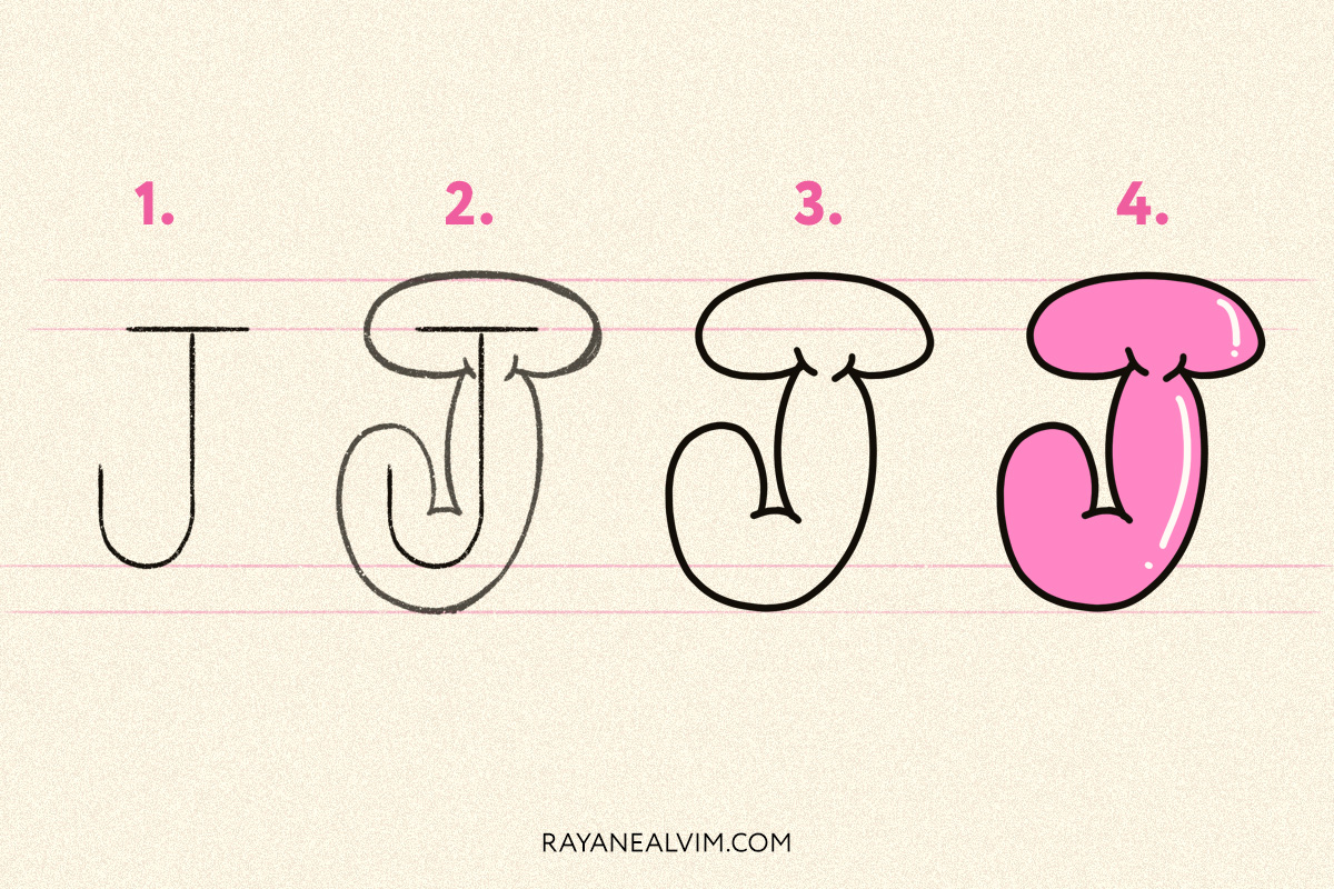 How to draw a bubble letter J with 4 steps: skeleton, round curves around it, the letter J outlined in black and the final bubble letter in pink with black outline.