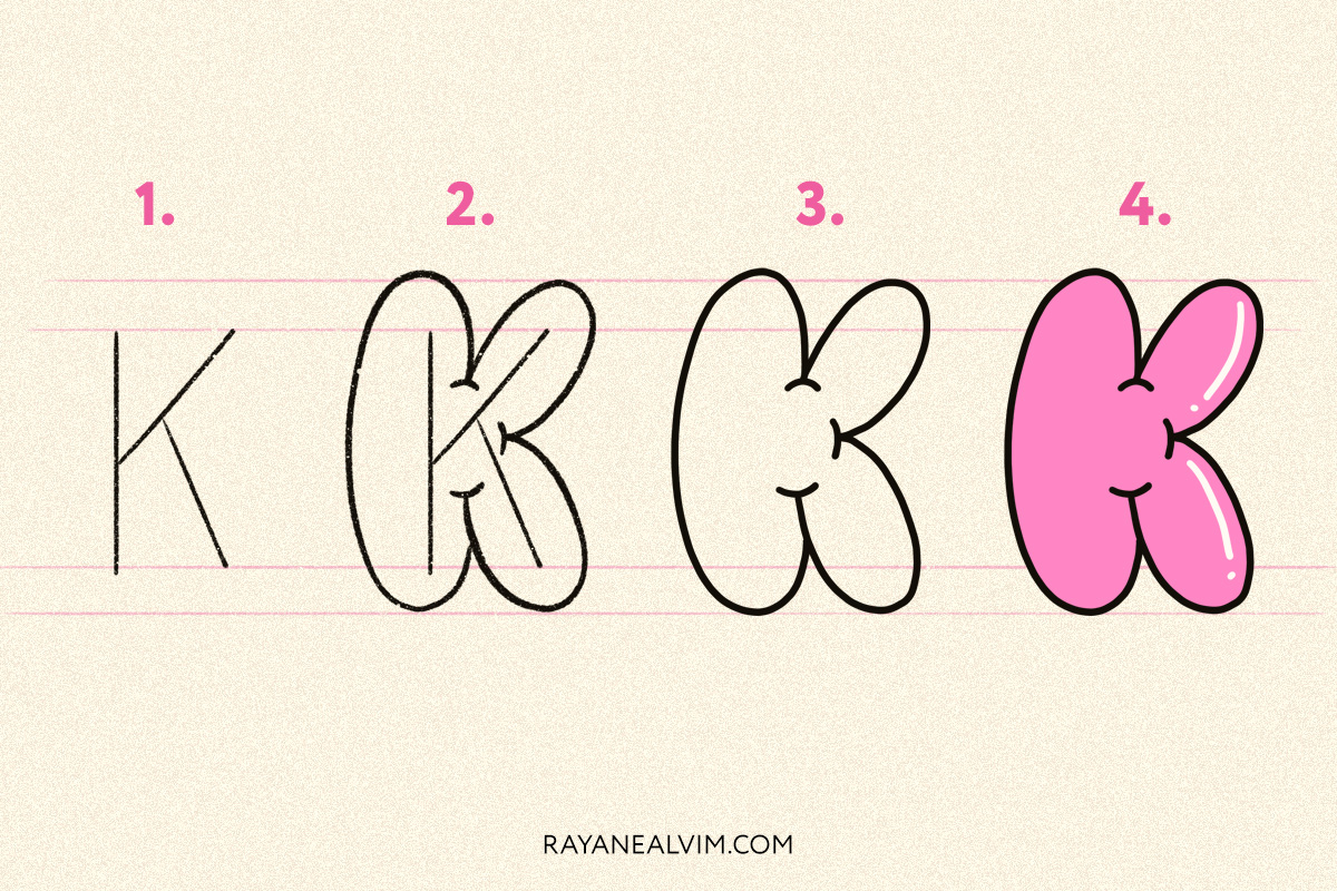 How to draw a bubble letter K with 4 steps: skeleton, round curves around it, the letter K outlined in black and the final bubble letter in pink with black outline.