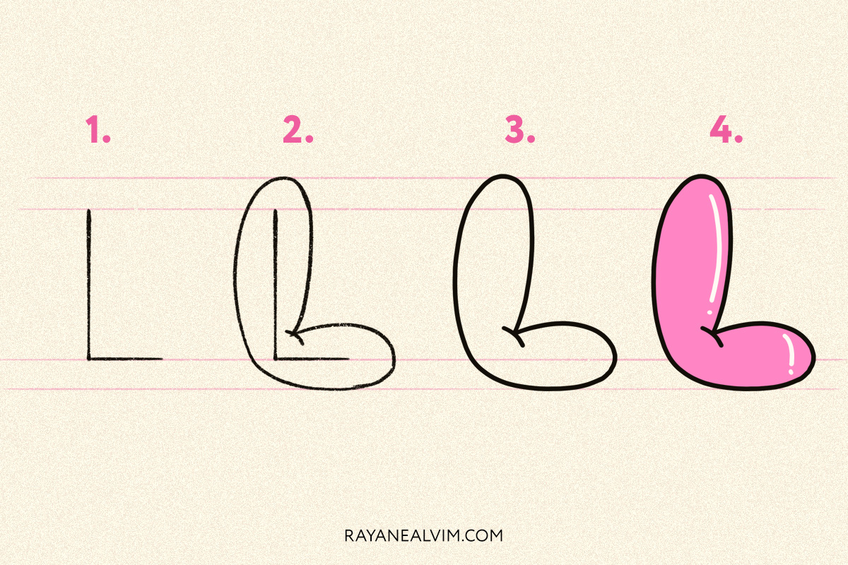 How to draw a bubble letter L with 4 steps: skeleton, round curves around it, the letter L outlined in black and the final bubble letter in pink with black outline.