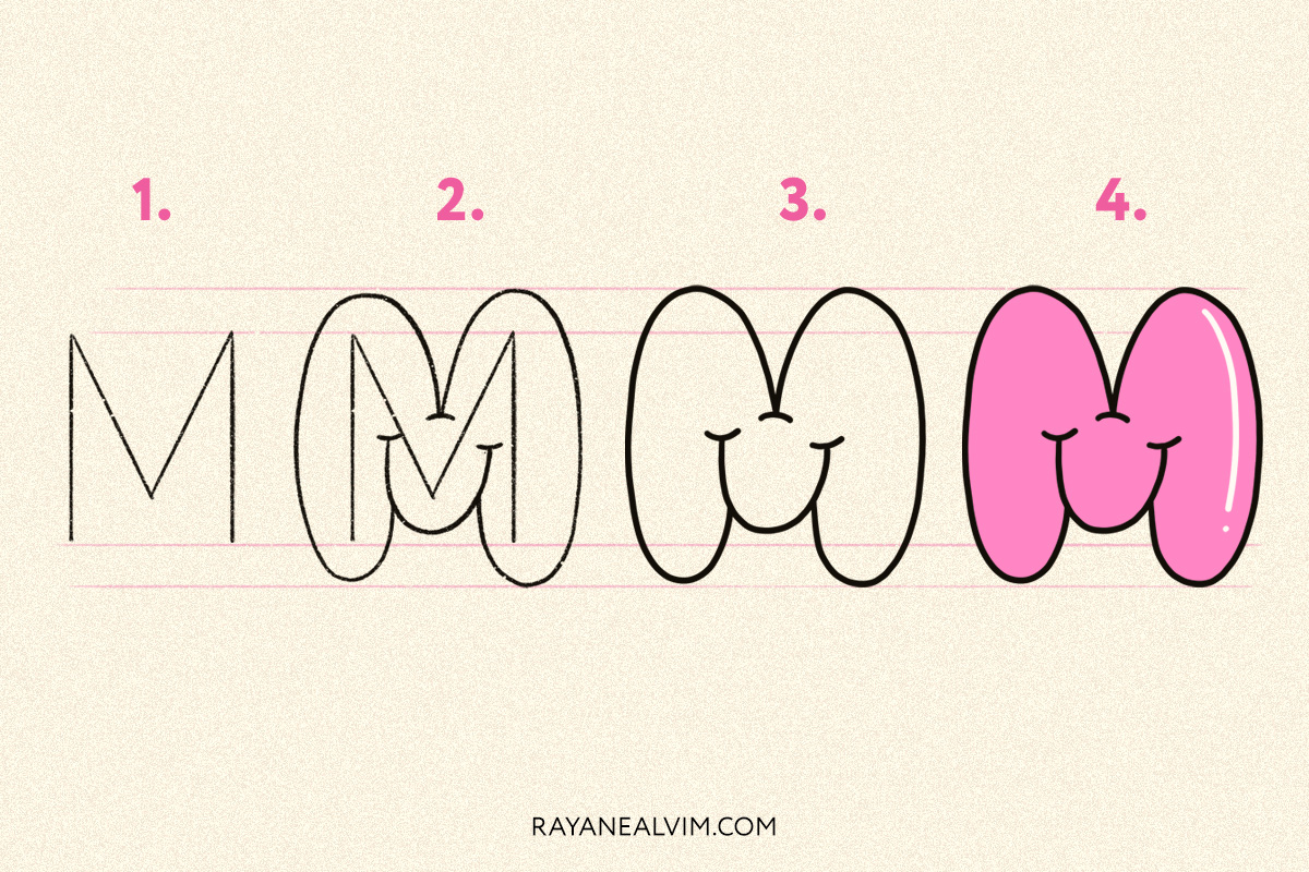 How to draw a bubble letter M with 4 steps: skeleton, round curves around it, the letter M outlined in black and the final bubble letter in pink with black outline.