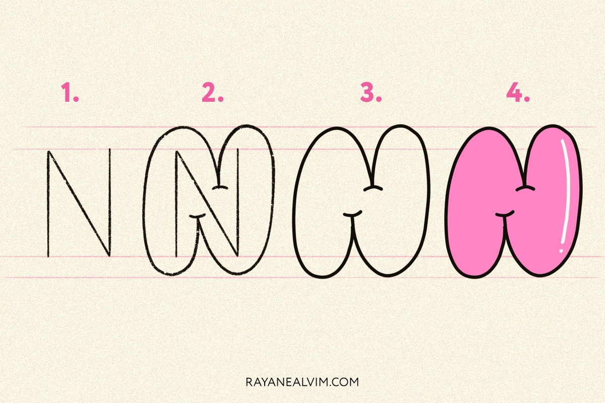 How to draw a bubble letter N with 4 steps: skeleton, round curves around it, the letter N outlined in black and the final bubble letter in pink with black outline.