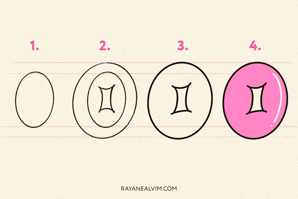 How to draw a bubble letter O with 4 steps: skeleton, round curves around it, the letter O outlined in black and the final bubble letter in pink with black outline.