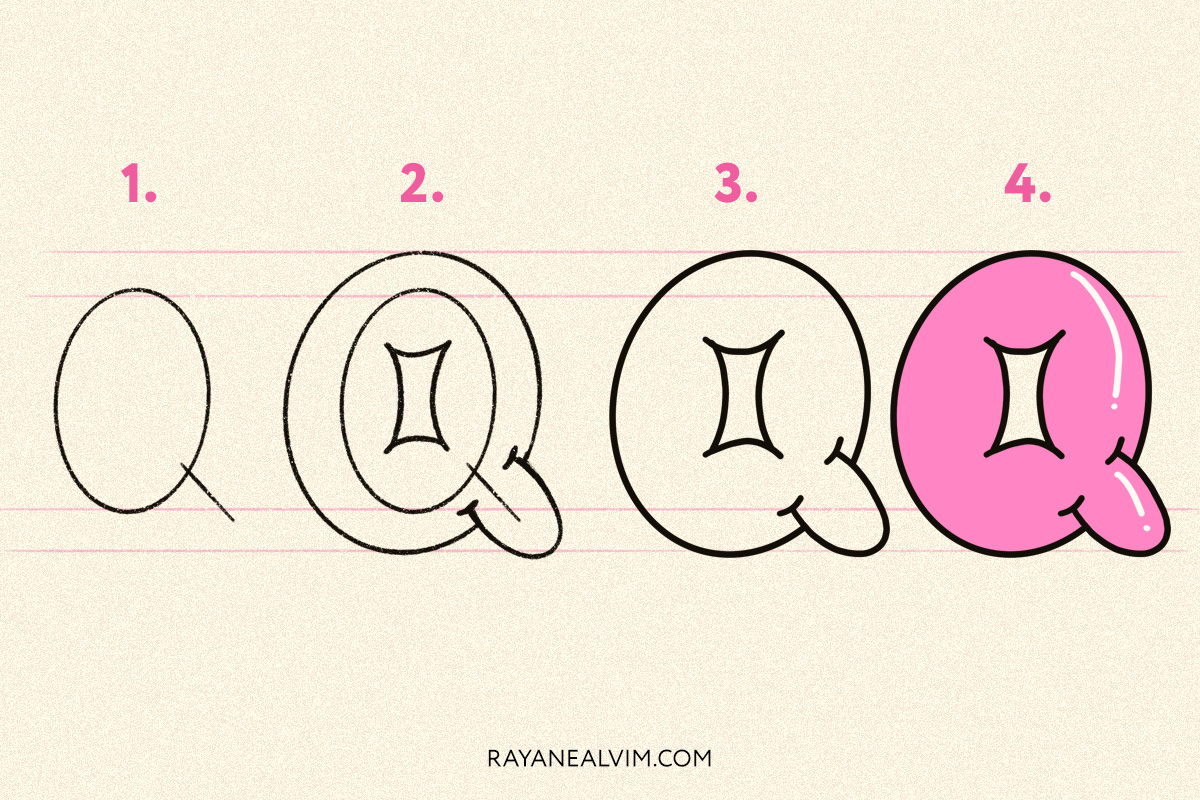 How to draw a bubble letter Q with 4 steps: skeleton, round curves around it, the letter Q outlined in black and the final bubble letter in pink with black outline.