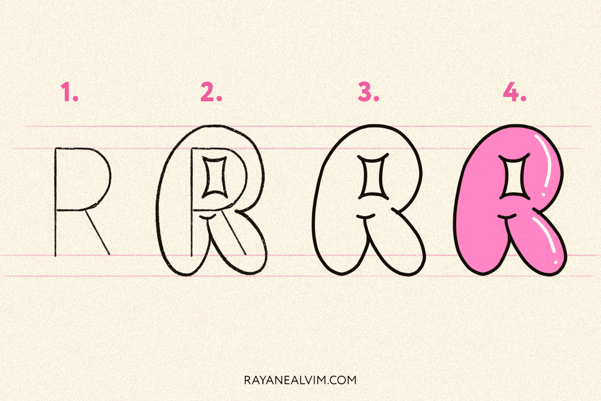 How to draw a bubble letter R with 4 steps: skeleton, round curves around it, the letter R outlined in black and the final bubble letter in pink with black outline.