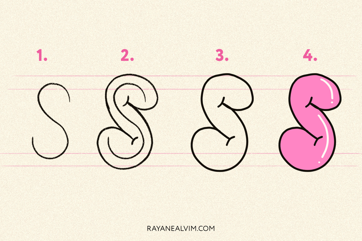 How to draw a bubble letter S with 4 steps: skeleton, round curves around it, the letter S outlined in black and the final bubble letter in pink with black outline.