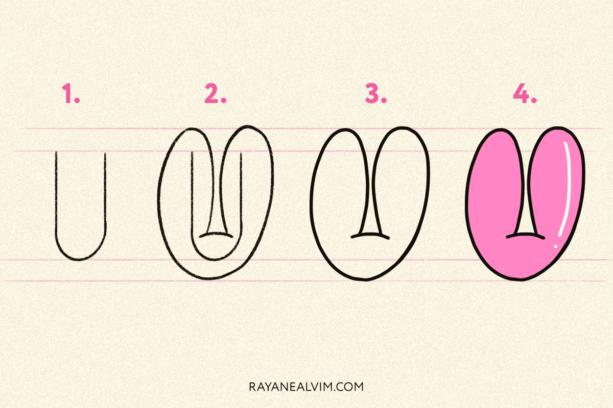 How to draw a bubble letter U with 4 steps: skeleton, round curves around it, the letter U outlined in black and the final bubble letter in pink with black outline.