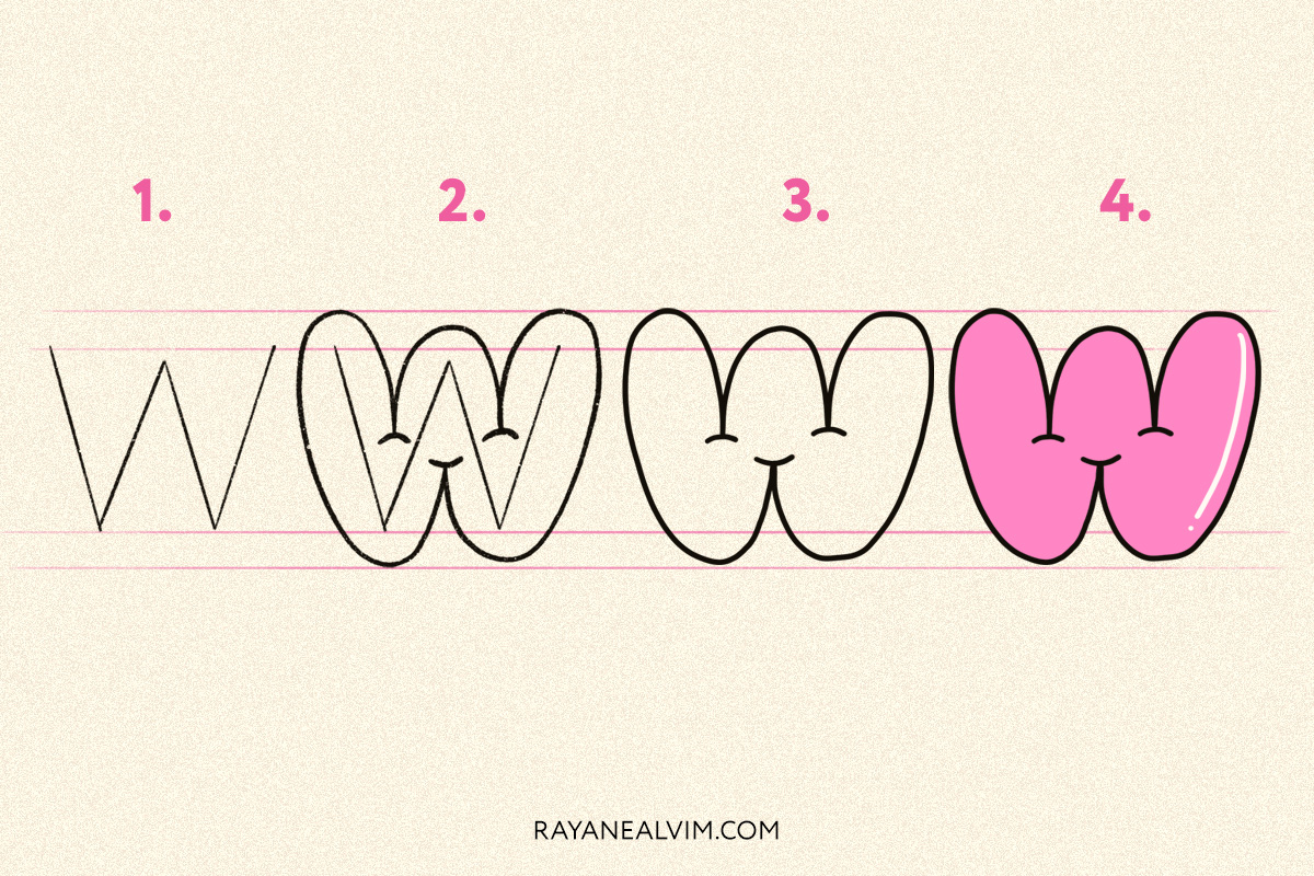 How to draw a bubble letter W with 4 steps: skeleton, round curves around it, the letter W outlined in black and the final bubble letter in pink with black outline.