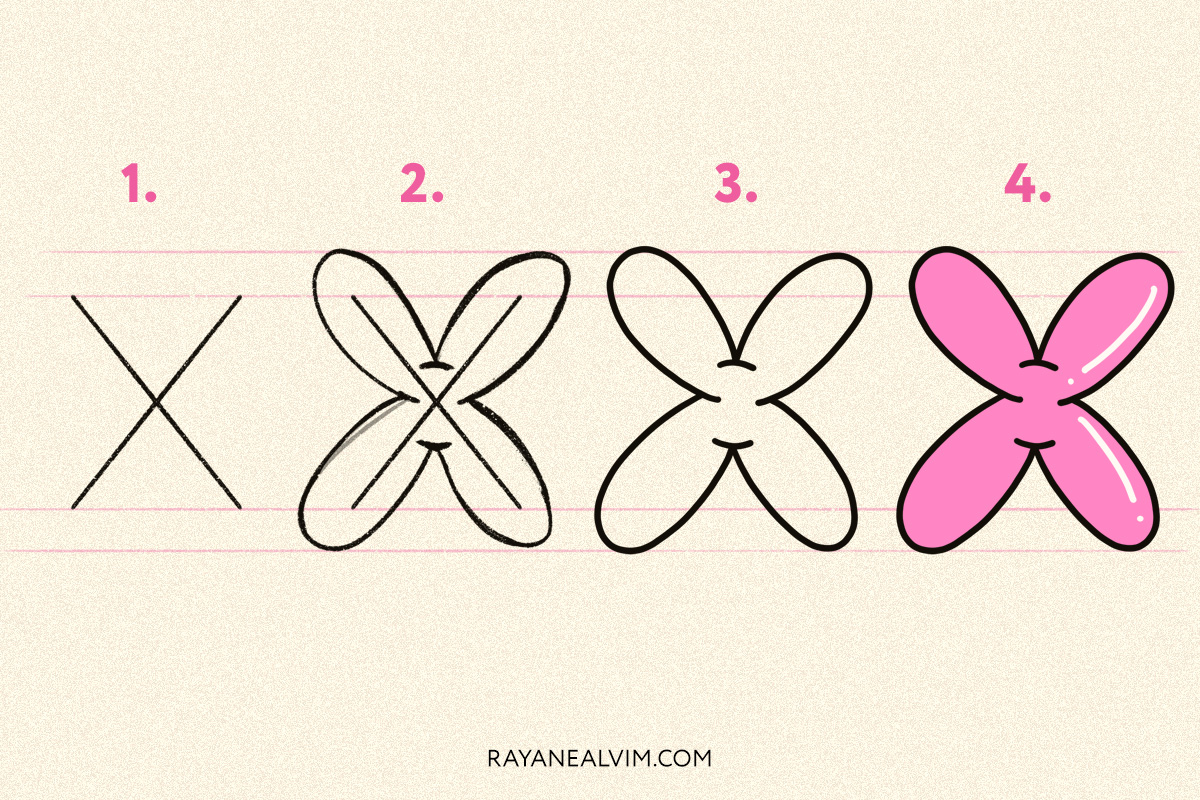 How to draw a bubble letter X with 4 steps: skeleton, round curves around it, the letter X outlined in black and the final bubble letter in pink with black outline.