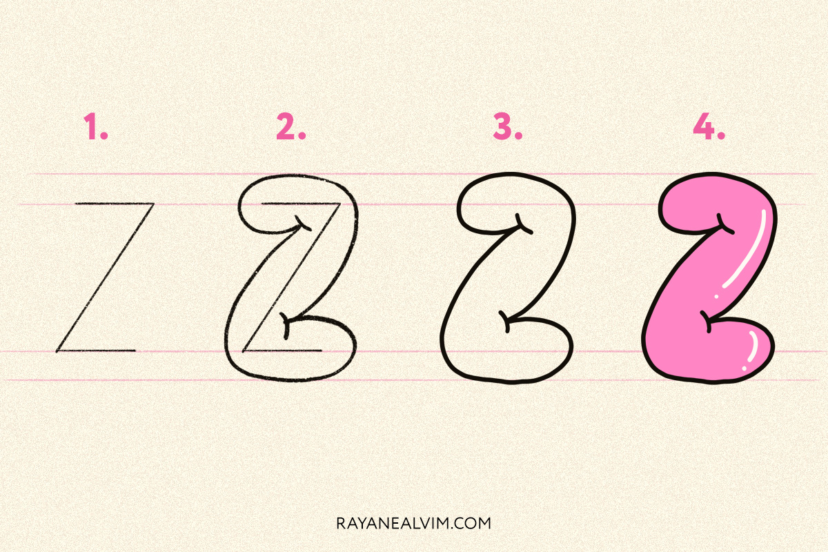 How to draw a bubble letter Z with 4 steps: skeleton, round curves around it, the letter Z outlined in black and the final bubble letter in pink with black outline.
